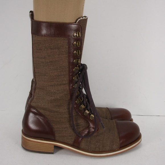 HELM 2843 BROWN LEATHER CANVAS LACE FRONT BOOTS 9 main image 6